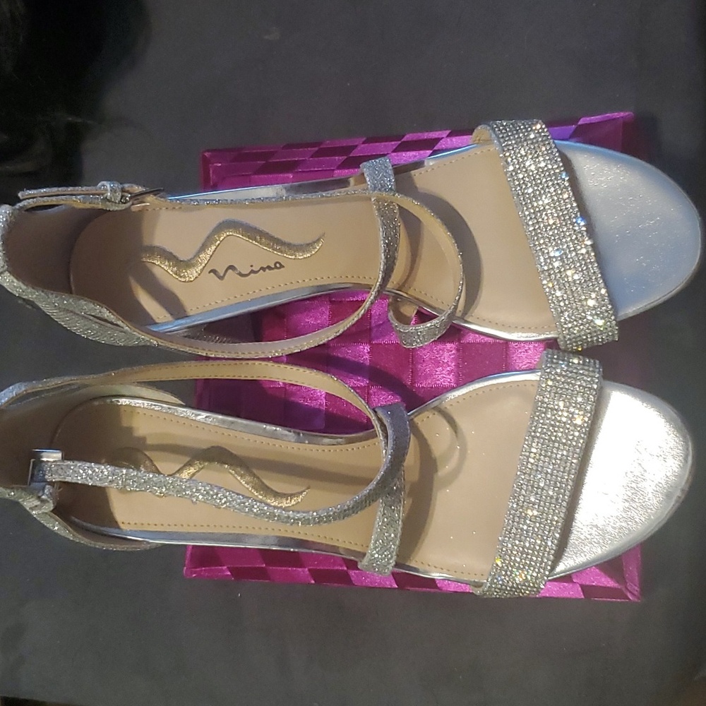 Nina Silver Rhinestone Block Heels